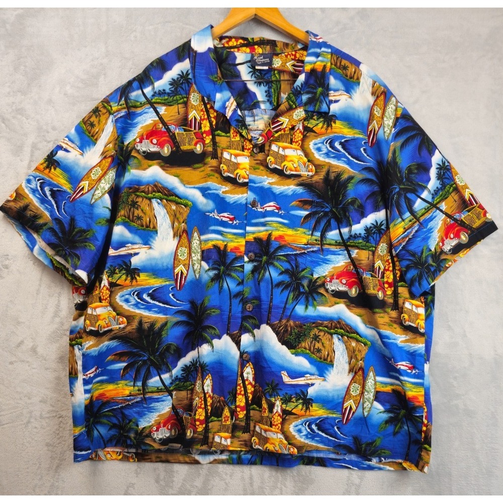 Vintage Royal Creations Shirt Mens 5XL Blue Scenic Cars Hawaiian Aloha USA Made